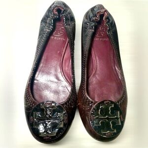 Tory Burch Dark Brown Patent Leather Ballet Flats Embossed Logo Size 7